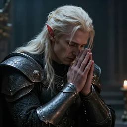 dramatic masterpiece Greg Rutkowski male Aasimar paladin with platinum blonde hair praying amidst sorrow, realistic, cinematic lighting, WLOP, dungeons and dragons