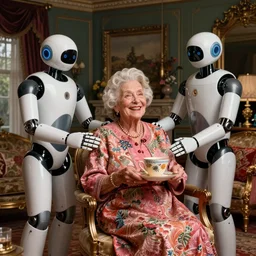 VFX movie of happy old women served by humanoid assistant robot in a decadent living room by Emmanuel Lubezki