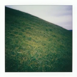 polaroid photo!! of a green empty steep grass hill with no trees, flash photography, strange unnatural lighting, flash photography, uncanny, colored photograph