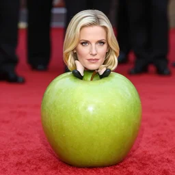 a green apple with legs and the head of christina applegate on top of it, photography, red carpet