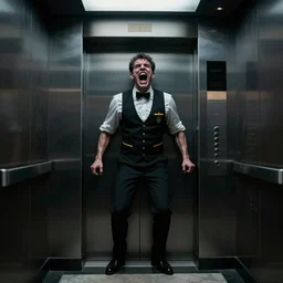 horrifying full color photorealistic image a 1 9 2 5 hotel elevator lobby, with a screaming bellhop embedded in the wall, dark, atmospheric, brooding, smooth, finely detailed, cinematic, epic, in the style of lee gibbons