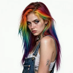 realistic attractive grungy woman with rainbow hair, drunk, angry, soft eyes and narrow chin, dainty figure, long hair straight down, torn overalls, basic white background, side boob, tattooed, pierced, flirty, wet shirt, wet, raining, highly detailed face, realistic face, beautiful detailed eyes, fantasy art, in the style of greg rutkowski, illustration, epic, fantasy, intricate, hyper detailed, artstation, concept art, smooth, sharp focus, ray tracing, vibrant,