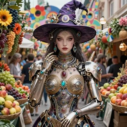 a masterpiece ultrarealistic ultradetailed portrait of beautiful love jewelry mecha genius witch girl on fruits street market baroque renaissance. medium shot, intricate, elegant, by stanley artgerm lau, wlop, alphonse mucha, rossdraws, andrei riabovitchev, yoshitaka amano. flower background my james jeand and takashi murakami.
