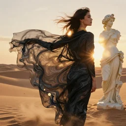 filmstill, over the shoulder sketch photography of beautiful female body covered with swirling black translucent blanket blowing in wind, acrylic liquid colors, luxurious supermodel photoshooting, golden jewelry, bokeh, godrays, strong wind, wrinkles, sunrays, sunset, lens flares, monet, renoir, warm colors, digital illustration, art noveau, liquid marbling painting, sand dunes, sand dust, melting victorian statue