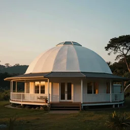 a dome house with a skylight and a wraparound porch, cinematic look, god lighting, 4 k, beautiful landscape
