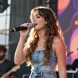 color video footage of a woman singing on the stage at summer music festival, sun lighting, cheep contrast,
