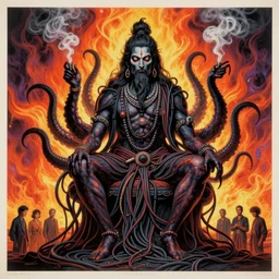 dark hindu sadhu with tentacles and smoke, a lot of cables around, by francis bacon, by ayami kojima, by amano, by karol bak, greg hildebrandt, by mark brooks, by alex grey, by zdzisław beksinski, by takato yamamoto, radiant colors, ultra detailed, high resolution, wrapped thermal background, 8 0 s print