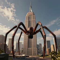 Donald Trump as a giant spider crawling on empire state building unreal engine