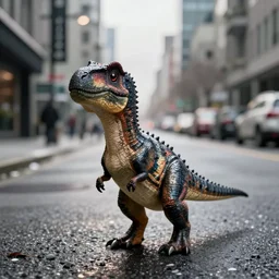 a beautiful photo by fred herzog of a tiny dinosaur standing in a street of vancouver, tiny gaussian blur, insanely detailed, insanely intricate, insanely beautiful, depth of field, low contrast, snowy, wide aperture