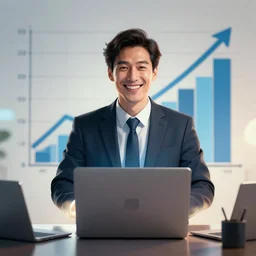 illustration cinematic hyperrealism happy businessman behind him is a statistical graph of high profits art digital