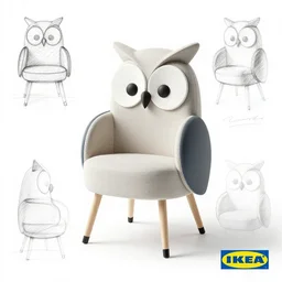 product design for a owl shaped chair sold by Ikea, concept art