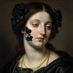 hyperrealism close - up mythological portrait of a beautiful medieval woman's shattered face blended with black flowers in style of classicism mixed with old painting, gold chains around the neck, pale skin, ivory make up on the eyes, wearing black silk robe, dark and dull palette