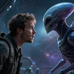 a horrified man on a spaceship face to face with an alien from another galaxy, volumetric lighting, 8 k octane beautifully detailed render, post - processing, extremely hyper - detailed, intricate, epic composition, cinematic lighting, masterpiece, trending on artstation, detailed detailed detailed, masterpiece, beautiful cinematic light,
