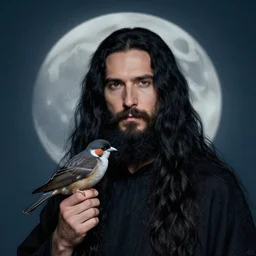 portrait of a man with long black hair and beard holding a bird, full moon in the background, fine portrait, beautiful, concept art, by greg rutkowski, by jean delville