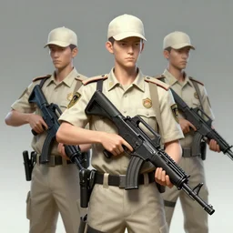 pale security officers in beige uniform holding bullpup uzis trending on artstation digital painting highly detailed 4 k 8 k hd