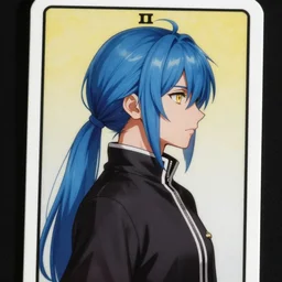 a tarot card featuring a profile shot of rimuru tempest with sky blue hair, ponytail, long bangs, gold eyes, black jacket with white stripes and a high collar | highly detailed, roman city | unreal engine 5, professional art, concept art, award winning photography, cinematic, wlop | art by pixiv, ilya kuvshinov, greg rutkowski, yoshitaka amano