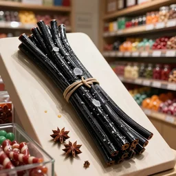 a bundle of black licorice in a candy store, long strands of shiny candy, twizzlers, chewable, sugar, anise, fennel, aromatic, bundle, candy shop, sweet tooth, chesley bonestell, vincent di fate