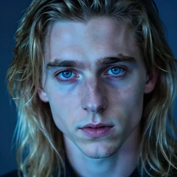 hyperrealistic close-up TIMOTHEE CHALAMET with long BLONDE hair & blue eyes! highly detailed concept art eric zener elson peter cinematic hard blue lighting high angle hd 8k sharp shallow depth of field, inspired by David Paul Cronenberg and Zdzisław Beksiński