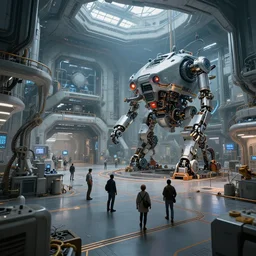 Explorers discover a vast robotics lab, sci-fi, wide shot, trending on artstation