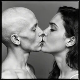 tintype black and white photo of body worlds kiss close up