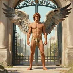 full body shot of a male god with feathered wings on his shoulder, standing in front of a gate, digital art by raymond swanland and peter mohrbacher, 8 k,