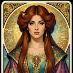 head-on symmetrical centered painted portrait, Ghada Abdel Razek as a D&D wizard,  shoulders up, ornate colourful robes, art nouveau, tarot card style, fantasy, intricate, elegant, highly detailed, smooth, sharp focus, illustration, artstation, in the style of Artgerm and Anna Podedworna and Alex Ross and Mucha