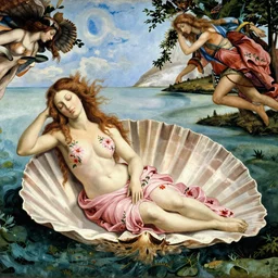 an ultradetailed mythological oil painting of a beautiful goddess with long brown hair, full body, wearing pink floral chiton, sleeping on a giant scallop shell, near the seashore, intricate lines, elegant, renaissance style, by sandro botticelli