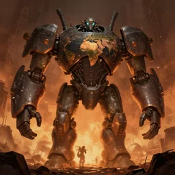 giant robots in a post apocalyptic earth as seen by greg rutkowski, dark theme, enchanted, warm colors, high quality, waw, trending on artstation