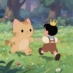 Deidoro sakaki wearing preppy fashion style and a crown in a beautiful dewy meadow near a forest early in the morning, running away from a giant cute plushie cat, mid 20th century disney style