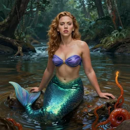 a beautiful portrait of scarlett johansson as a mermaid in a river of the amazon, ayahuasca, fantasy art, highly detailed, matte painting, visionary art