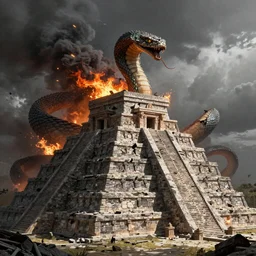 a photorealistic hyperrealistic render of a stone temple at the top of a aztec ziggurath, monstrous giant snake, fire and smoke, destroyed, collapsed roof scene by greg rutkowski, wlop, artgerm, dramatic lighting, strong shadows, volumetric, cinematic atmosphere, octane render, artstation, 8 k