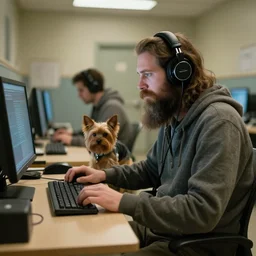 homeless man with long beard and long hair sitting at his computer in an asylum, headphones on head, yorkshire terrier sitting beside him, film still 4 k 8 k