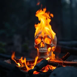 flaming skull in a campfire