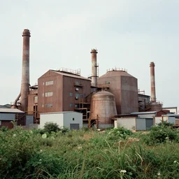 industrial buildings surrounded by undergrowth by roger dean