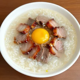 a rice broth soup with cooked beef, barbecued chinese pork and egg yolk