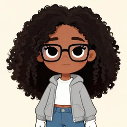 a very beautiful girl with dark complexion, long, curly, afro hair, stylistic oval black eyes, half - frame square glasses, grey hoodie opened, white t - shirt, white gloves, denim jeans, character art, cute, digital art, cartoon network, cel shaded, character art