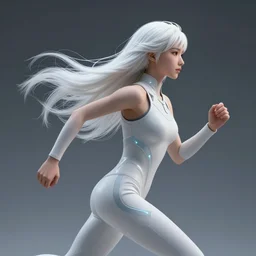 profil android women running, scifi, futuristic design, bae suzy, long white hair, character design, cinematic lighting, highly detailed, by beeple, goro fujita, smooth gradient.