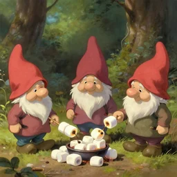 cute gnomes roasting marshmallos, natural lighting, path traced, highly detailed, high quality, digital painting, by don bluth and ross tran and studio ghibli and alphonse mucha, artgerm