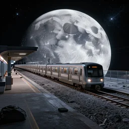 “ a subway station in the moon surface, r 6 2 a train, raytracing, cosmos, 8 k wallpaper, dark colors, octane render, volumetric, hyperrealism, illustration, trending on artstation, pinterest ”