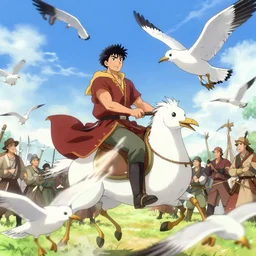 a man riding a seagull into battle, anime