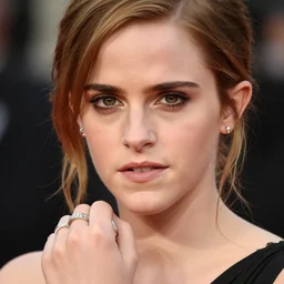 A photo of tough looking emma watson. she has wedding rings on his fingers. 50 mm. perfect ring.