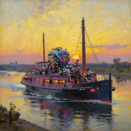 a futuristic neon robotic cyberpunk steamboat in the senna river, impressionism, oil on canvas, natural colors, horizon, golden hour, masterpiece, detailed, by gustave caillebotte, wlop, mucha, greg rutkowski