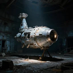 A single light enlighten the scene of a abandoned and derelict space station.