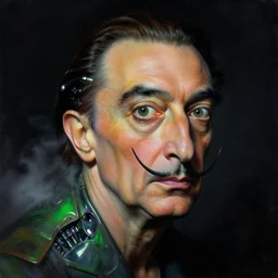 a neoclassicist close - up portrait of salvador dali with hyperrealist features. green and purple reflective alien technology around head and shoulders. foggy black background. highly detailed science fiction painting by norman rockwell, frank frazetta, syd mead and moebius. rich colors, high contrast, gloomy atmosphere, dark background. trending on artstation.