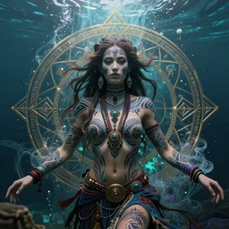 a centered render of a alluring festival hippie with tribal tattoos surrounded by a underwater ink pour and flowing liquid gallium and sacred geometry, perfect body, face, hands, powerful, cinematic, beautifully lit, by artgerm, by karol bak, by donato giancola, by mucha, 3 d, trending on artstation, octane render, 8 k