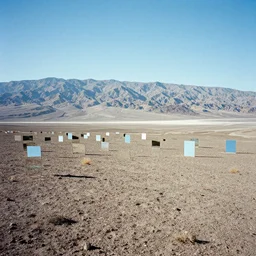 death valley landscape, rectangular mirrors scattered, horizon, kodak ultramax 4 0 0