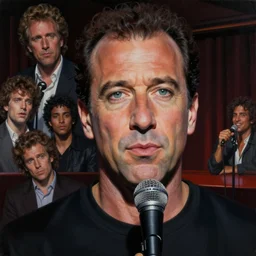 a mixed media portrait painting of nineteen eighties jerry seinfeld on stage at a comedy club, hyperrealistic, detailed face, minimalist, by frank frazetta, greg rutkowski, christian macnevin, wlop, krenz cushart, epic fantasy character art, volumetric lighting, cgsociety, exquisite detail, masterpiece, cinematic