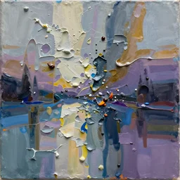 canvas with raises paint textures, splash of paint down center, abstract, acrylic, applied thick, paint smeared with palette knife, blotch of spray paint in corner, trichromatic