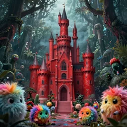 of a beautiful red Hyperrealistic Gehry tall royal castle in the middle of a dark scary smokey surreal jungle, creepy cute rainbow fluffy creatures, macro lens, shallow depth of field, highly detailed, digital painting, trending artstation, concept art, vibrant colors, illustration, cinematic lighting, vibrant colors, photorealism, epic, octane render