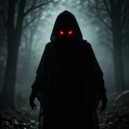 a scary shadow creature with red glowing eyes